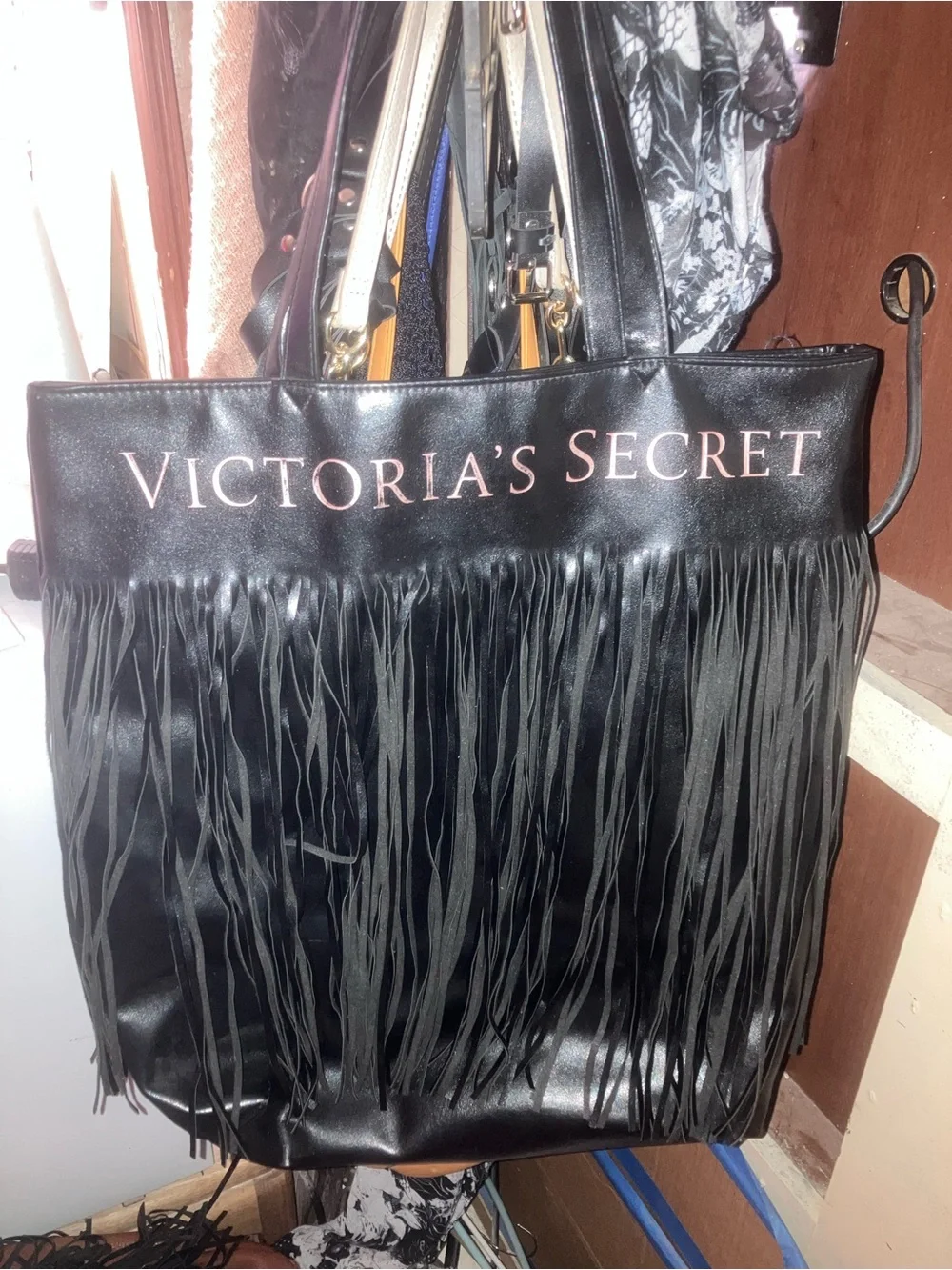 Victoria's Secret Black Tote with Fringe and Pink Logo